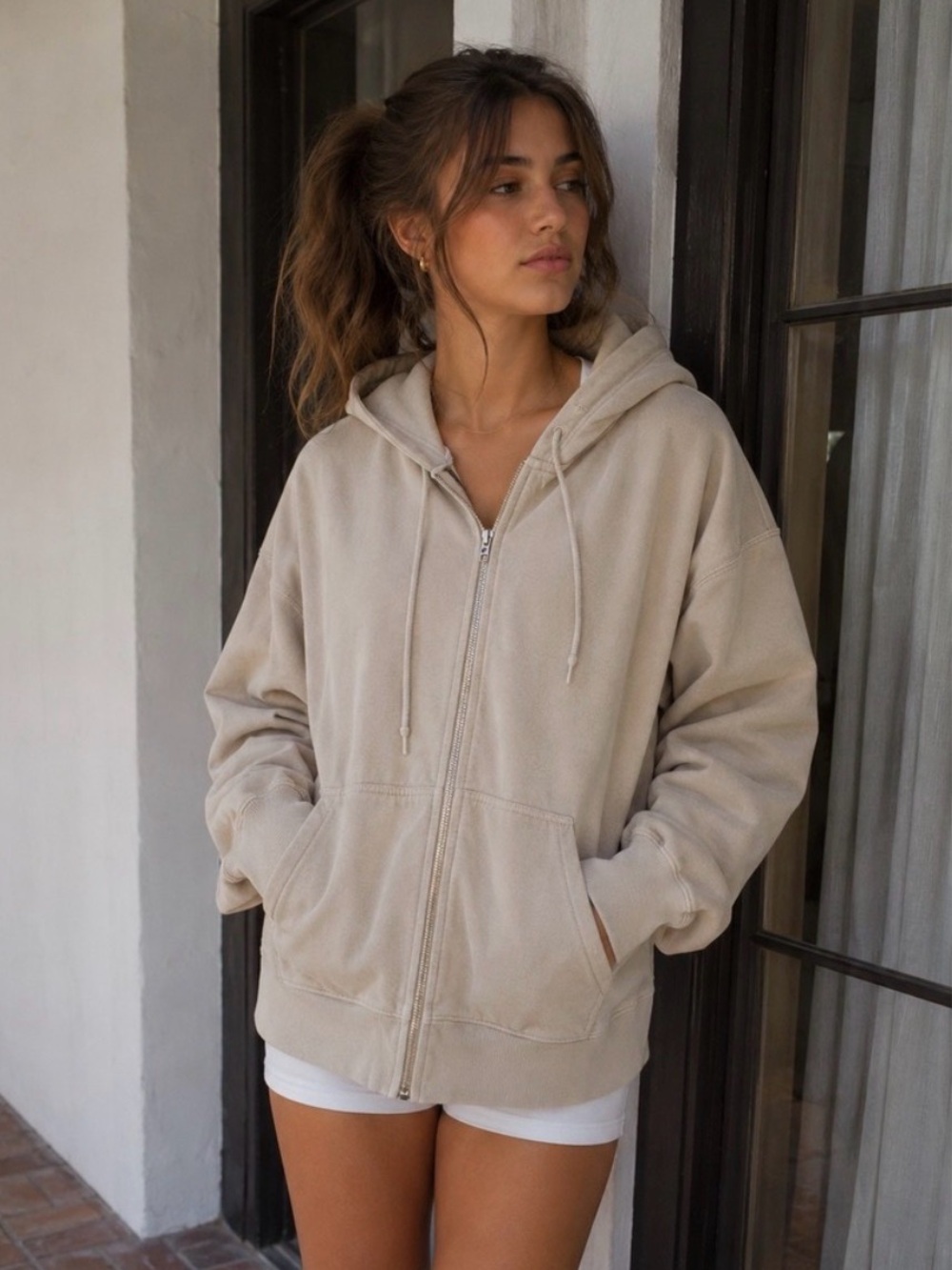 Brandy Melville Beige Zip-Up Hooded Sweatshirt brown/khaki